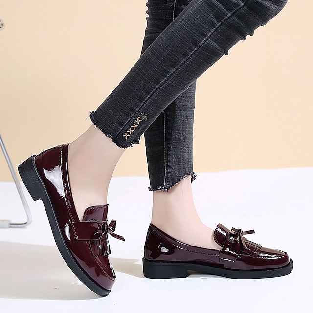  Women's Loafers Tassel Loafers Tassel Shoes Classic Loafers Office Daily Solid Color Solid Colored Summer Bowknot Tassel Low Heel Round Toe Vintage Patent Leather Loafer Wine Black