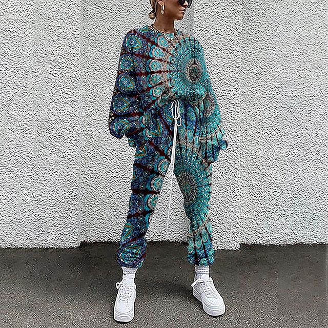  Femme Sweat-shirt Survêtement Ensembles de pantalons Floral Bloc de couleur Impression 3D Casual Sortie Cordon Imprimer Jaune manche longue Vêtement de rue Cinch Col Ras du Cou Automne hiver