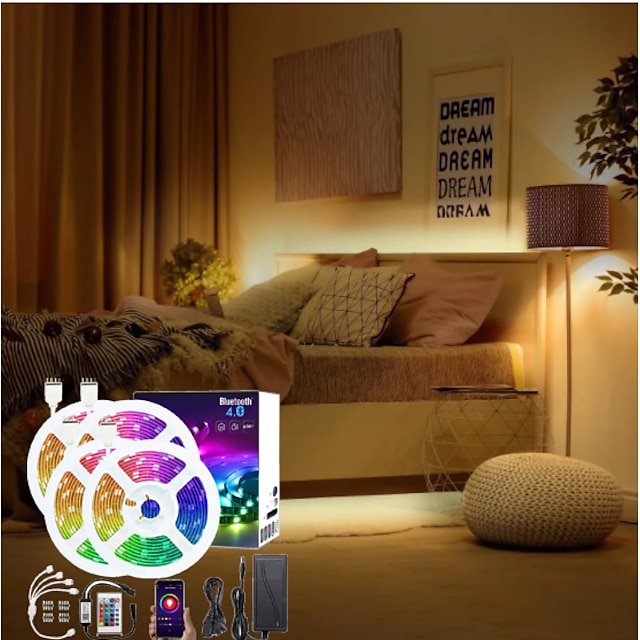  led strip lys bluetooth dæmpbar 20m (4x5m) rgb tiktok lys 5050 600 leds smartphone styret til hjem soveværelse ferie