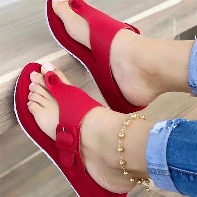  Women's Sandals Platform Sandals Solid Colored Platform Flat Heel Wedge Heel Round Toe PU Loafer Black Pink Red