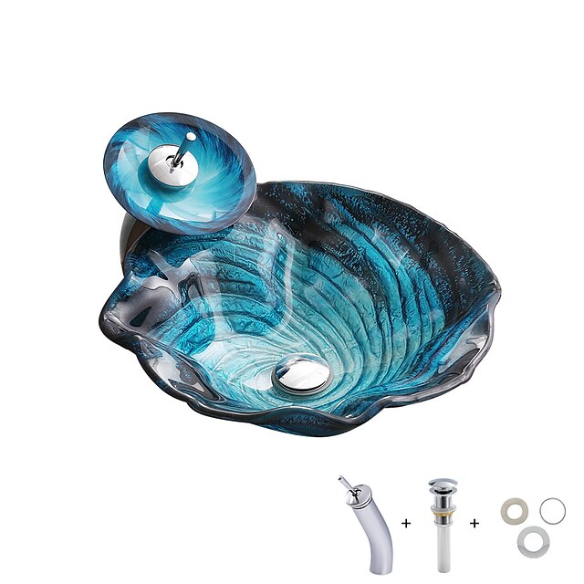  kylpyhuoneen pesuallas värillinen karkaistua lasia pesuallas pyöreä vesiputous hana ja pop-up viemäri kylpyhuone pesuallas sarja
