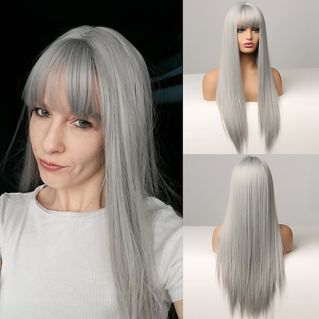 Beauty & Hair Wigs & Hair Pieces | Gray Wigs for Women Synthetic Wig Natural Straight Neat Bang Wig Medium Length A1 Synthetic H