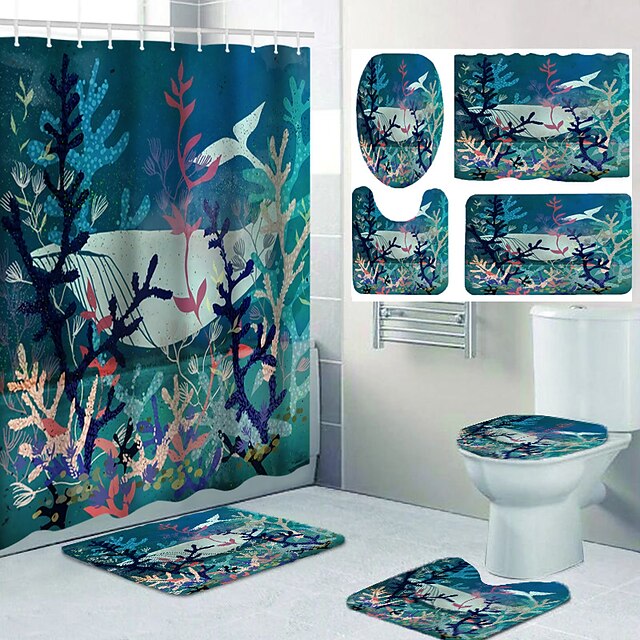 Home & Garden Bath Accessories | Four-piece Set of Waterproof Shower Curtain and Hook Cushion for Bathroom Casual Decoration - S