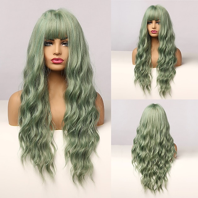  Long Mix Green Water Wave Synthetic Wigs for Women Lolita Cospaly Colorful Wig With Bangs Party Heat Resistant Fibre Christmas Party Wigs