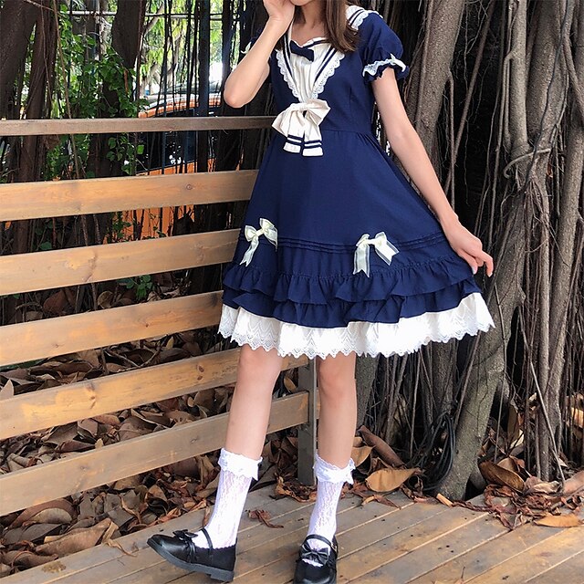  Lolita Cute Dress Women's Japanese Cosplay Costumes Royal Blue Solid Colored