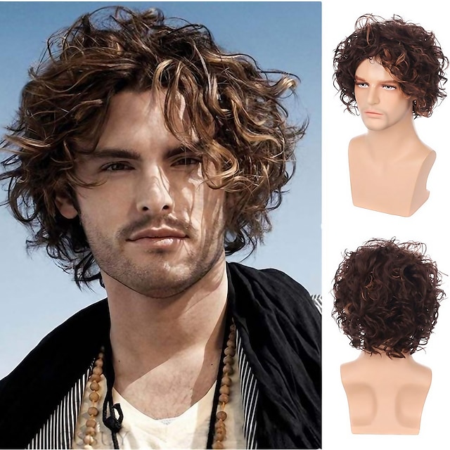  Men's Short Brown Curly Layered Wig Fluffy Bangs Halloween Costume Hair Party Cosplay Full Wig