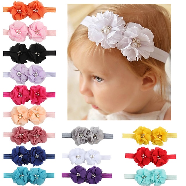  Kids / Toddler Girls' Fashion Baby Headband Two Hand-Stitched Chiffon Rhinestone Floral Headband Children's Flower Headband Hair Accessories