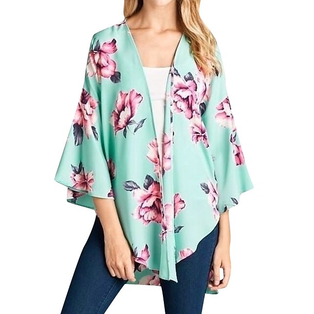 Womens Clothing Womens Swimwear | women loose blouse summer floral print flare sleeve half sleeved cardigan tops purple - ZM2195