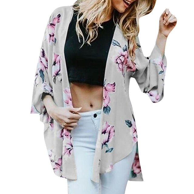 Womens Clothing Womens Swimwear | women loose blouse summer floral print flare sleeve half sleeved cardigan tops purple - ZM2195