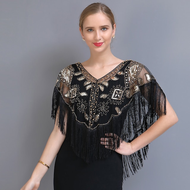  Shawl & Wrap Women's Wrap Bolero 1920s Elegant Sparkle & Shine Short Sleeve Tulle Wedding Wraps With Beading For Wedding Summer / Tassel