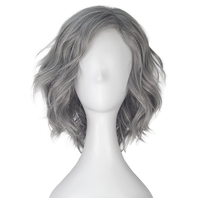  Unisex Short Wavy Volume Wavy Silver Gray Synthetic Cosplay Costume Wig Shoulder Long Halloween Hair