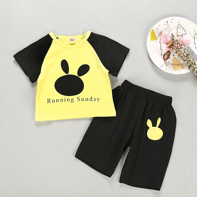 Baby & Kids Boys Clothing | Kids Boys T-shirt & Shorts Clothing Set 2 Pieces Short Sleeve Yellow Letter Animal Print Cotton Dail