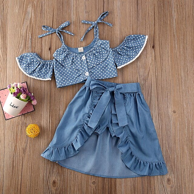 Baby & Kids Girls Clothing | Kids Girls Clothing Set 2 Pieces Short Sleeve Blue Polka Dot Print Cotton Daily Wear Basic Regular 