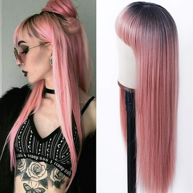 Beauty & Hair Wigs & Hair Pieces | Long Straight Hair Wig Gradient Pink Heat-resistant Fiber Hair Full Machine Wig With Bangs Co