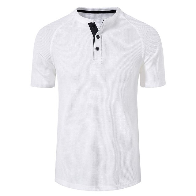 Men's Waffle Tee Waffle Shirt Button T Shirt Henley Shirt Short Sleeves Henley Summer Plain Fashion Designer Basic Vacation Street Going out White Top Tee for Men2
