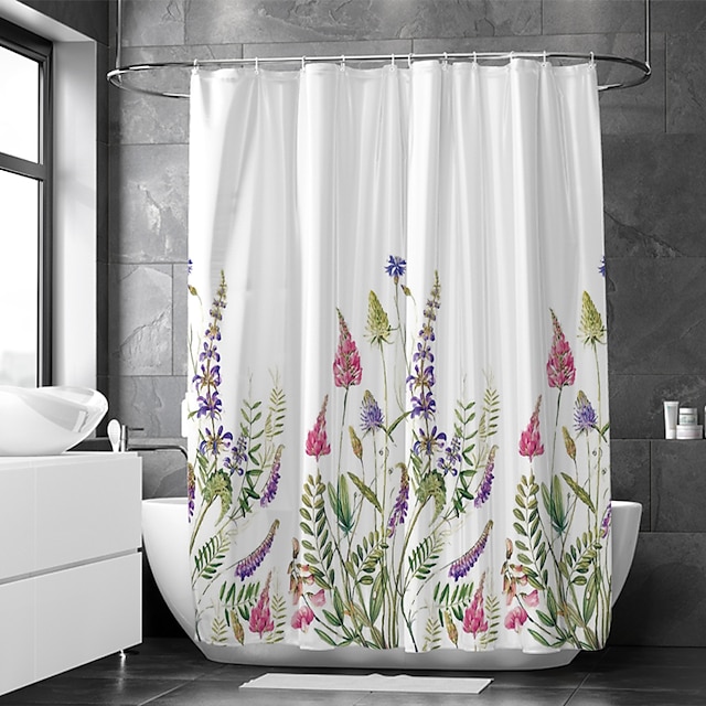  וילון מקלחת עם ווים, פרחים צמחים בד בדוגמת לבנדר קישוט בית חדר אמבטיה וילון מקלחת עמיד למים עם וו יוקרתי מודרני