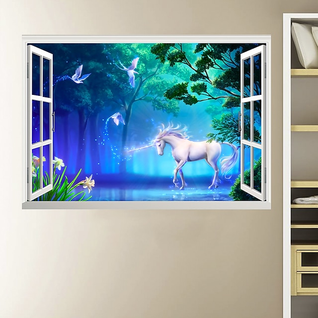 Home & Garden Home Decor | 3D Forest Unicorn Fake Window Stickers Living Room TV Background Wall Sticker Removable PVC DIY Home 