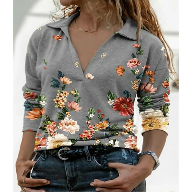 

Women's Plus Size Tops Floral Long Sleeve Shirt Collar Cotton Blend Fall Spring Blue White