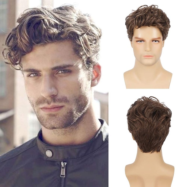  Brown Wigs for Men Synthetic Wig Curly Short Bob Wig Short Brown Synthetic Hair Men's Cosplay Party Fashion Brown