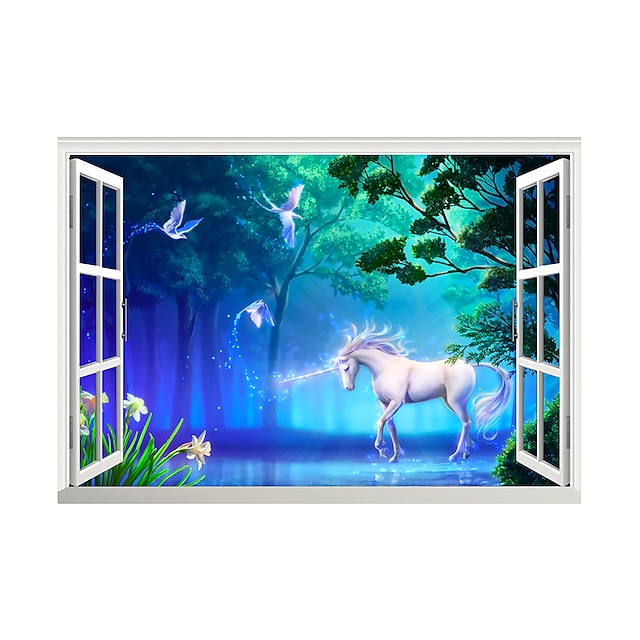  3d forêt licorne faux fenêtre autocollants salon tv fond sticker mural amovible pvc bricolage décoration de la maison sticker 60x90cm