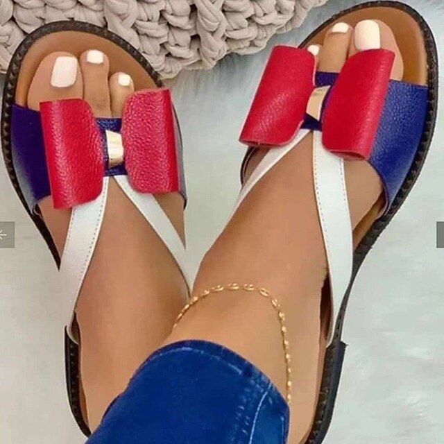 

Women's Sandals Outdoor Slippers Bowknot Flat Heel Round Toe PU Loafer Color Block Gold Red Yellow