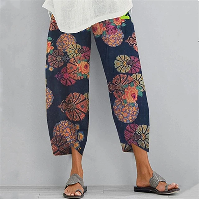 Women's Normal Pants Chinos Slacks Basic Casual / Sporty Ankle-Length Mid Waist Graphic Prints Graffiti Pocket Baggy Print Comfort Inelastic Daily Weekend Pink Red Blue Light Blue Summer 5