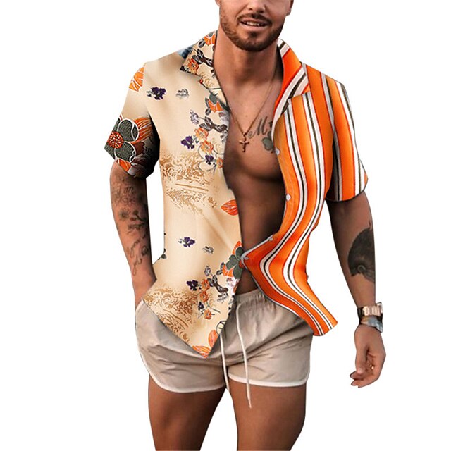  Men's Shirt Graphic Shirt Floral Striped Turndown Orange Casual Daily Short Sleeve Button-Down Clothing Apparel Fashion Designer Casual Breathable