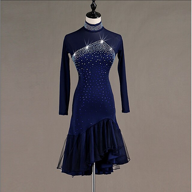 Latin Dance Dress Crystals/Rhinestones Women‘s Training Performance Long Sleeve High Spandex/Jazz