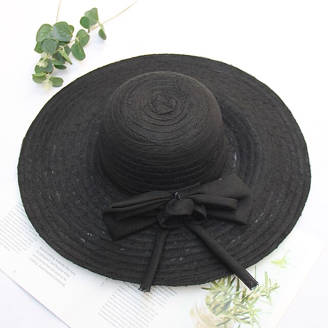  Women's Straw Hat Party Wedding Street Jacquard Bow Pure Color Black Gray Hat Spring Beach