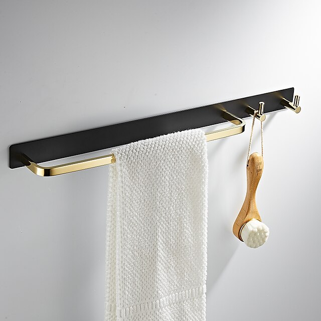  Multifunction Towel Bar Zinc Alloy Towel Rack Free Punch Bathroom Single Rod with Hook Black and Gold 1PC