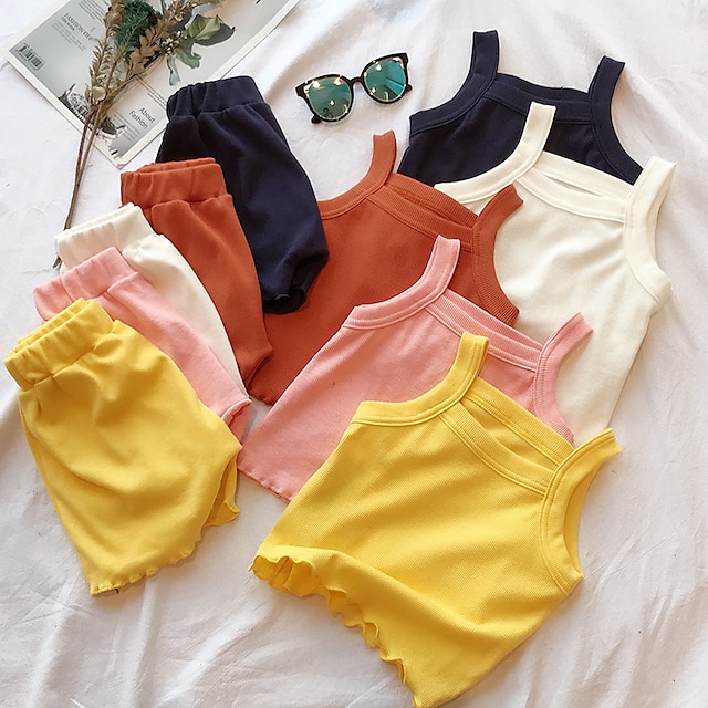 

Toddler Girls' Children's Day Clothing Set 2 Pieces Sleeveless White Pink Orange Solid Color Active Regular 1-4 Years