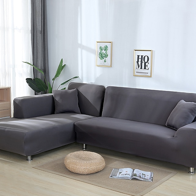  stretch sofa hoes hoes elastische sectionele bank fauteuil loveseat 4 of 4 of 3 zits l-vorm grijs effen zacht duurzaam wasbaar