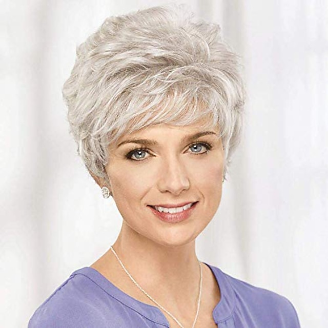  Gray Wigs for Women Short Wigs for Women Natural Looking Old Lady Wig for Mom Short Curly Gray Wig with Bangs for Heat Resistant Synthetic Fiber Hair Wigs for Old Middle Age Women Halloween Wig