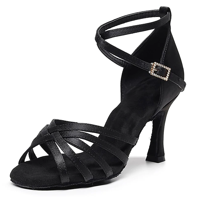 Women's Black Strappy Latin Dance Shoes – Suede Sole Ballroom Heels with Ankle Strap for Salsa, Tango, and Performance Events 14