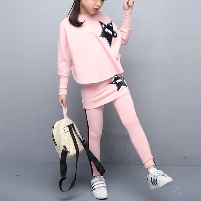 Girls Star Printed Long Sleeve Hooded Top Bottom 2-Pcs Set Tracksuit Jogging Set Fashion Outfit Age 7-13 Years 