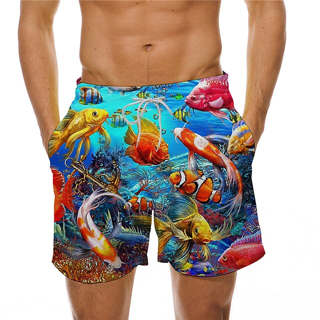 Men's Ocean Print Fish Swim Trunks Swim Shorts Board Shorts Hawaiian Holiday Drawstring with Mesh lining Elastic Waist Designer Clothing Apparel4