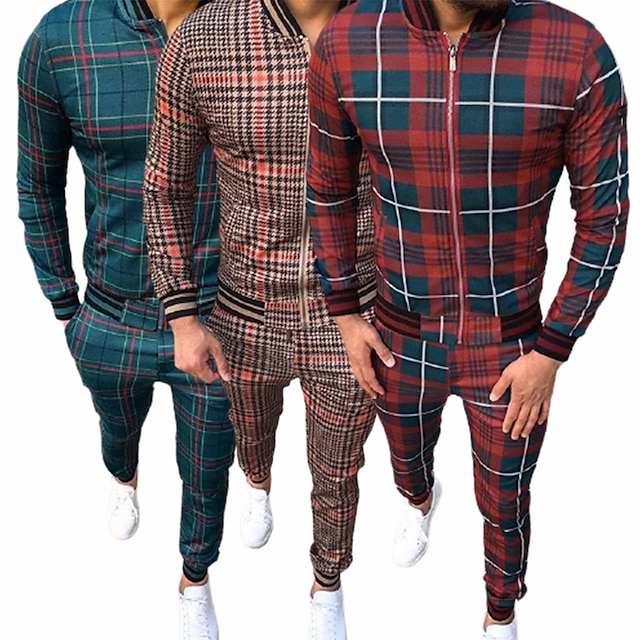  Men's 2 Piece Full Zip Tracksuit Street Casual Long Sleeve Breathable Soft Gym Workout Running Jogging Training Exercise Sportswear Plaid Checkered Normal Jacket Green Orange Red Coffee Activewear