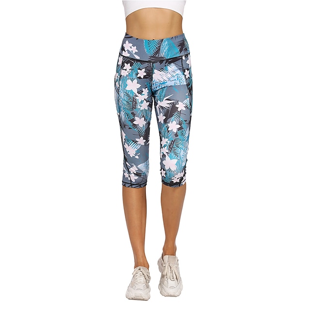  Mujer Pantalones de yoga Bolsillos laterales Control de barriga Levantamiento de tope Alta cintura Yoga Aptitud física Entrenamiento de gimnasio Mallas Leggings Leggings Capri Prendas de abajo Azul