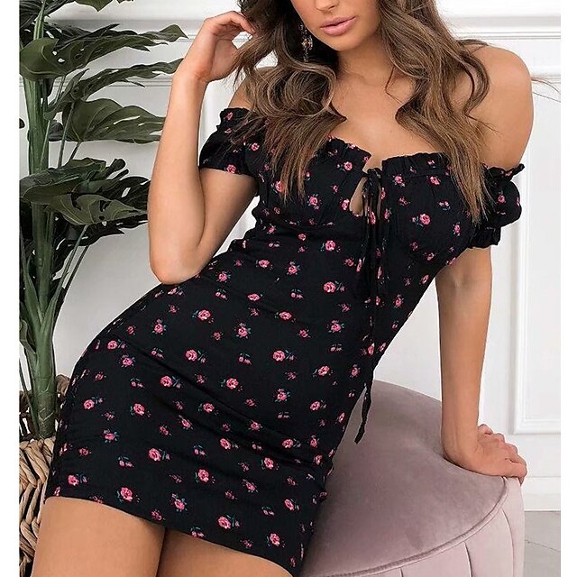 

Women's Sheath Dress Short Mini Dress Black Red Short Sleeve Flower Lace up Spring Summer Off Shoulder Casual 2022 S M L XL XXL XXXL