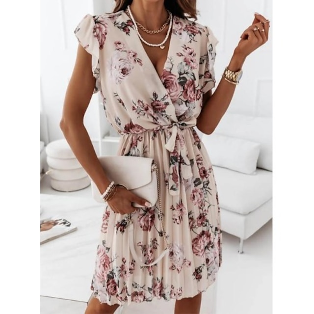 

Women's A Line Dress Knee Length Dress Blue Black Pink Apricot Short Sleeve Floral Print Ruched Lace up Pleated Spring Summer V Neck Stylish Elegant Casual Butterfly Sleeve 2022 S M L XL 2XL / Ruffle