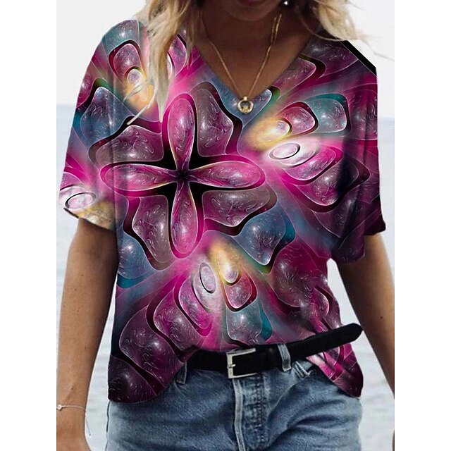 

Women's Floral Theme Painting T shirt Floral Print V Neck Basic Tops Green Blue Fuchsia / 3D Print
