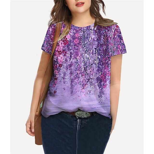 

Women's Plus Size Tops T shirt Floral Graphic Print Short Sleeve Crewneck Basic Daily Holiday Cotton Spandex Jersey Yellow