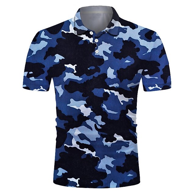 Men's Camo Sports Polo Shirts Golf Shirt Short Sleeve Polo Shirts Collared Shirts Casual Sportswear Vacation Wear Buttons 3D Print Blue3