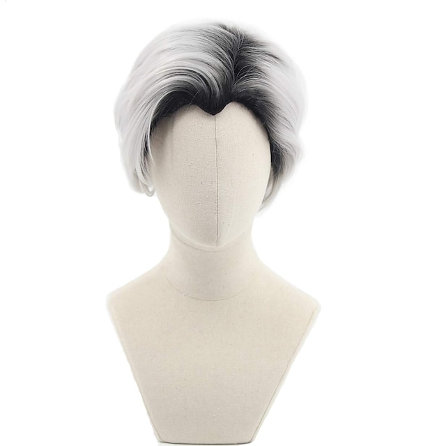  Men‘s Short Curly Hair Silver Grey Boots Black Cosplay Wig Halloween Costume Wig