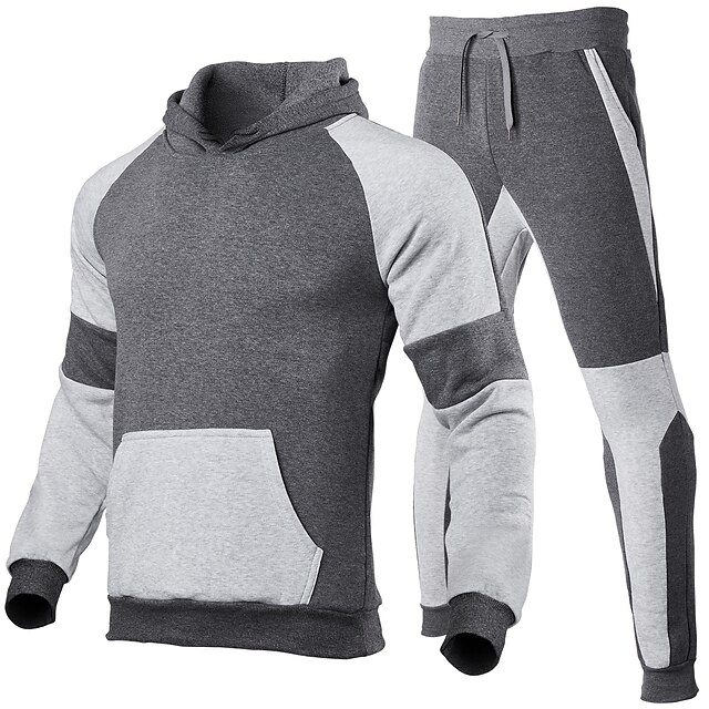 Sports & Outdoors Running, Jogging & Walking | Mens Sweatsuit 2 Piece Drawstring Patchwork Front Pocket Hoodie Color Block Sport