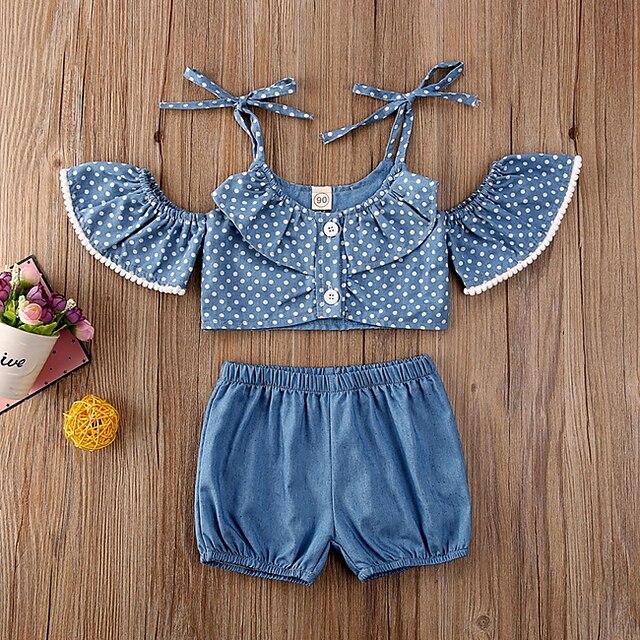 Baby & Kids Girls Clothing | Kids Girls Clothing Set 2 Pieces Short Sleeve Blue Polka Dot Print Cotton Daily Wear Basic Regular 