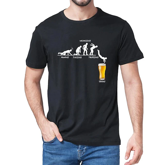 Men's Olive Green Funny Work Week to Friday Beer Evolution Graphic T-Shirt Short Sleeve 17