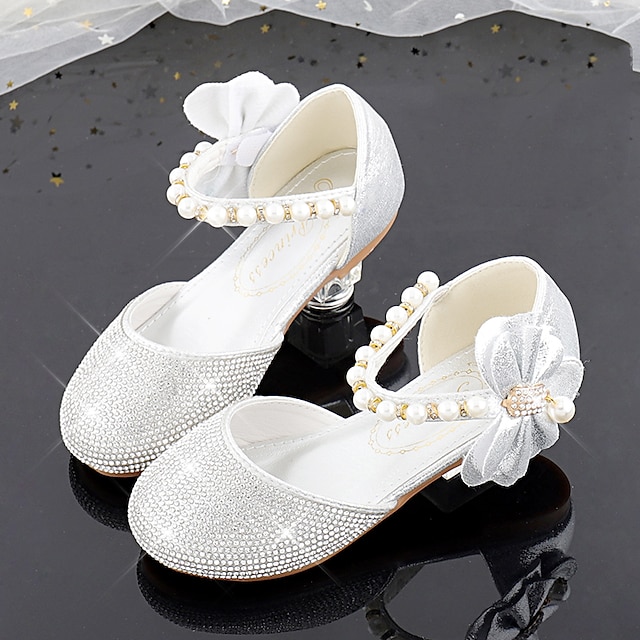  Girls' Flats Princess Shoes Round Toe Christmas Glitters Flower Girl Shoes With Beading Bowknot Crystal Pearl Little Kids(4-7ys)