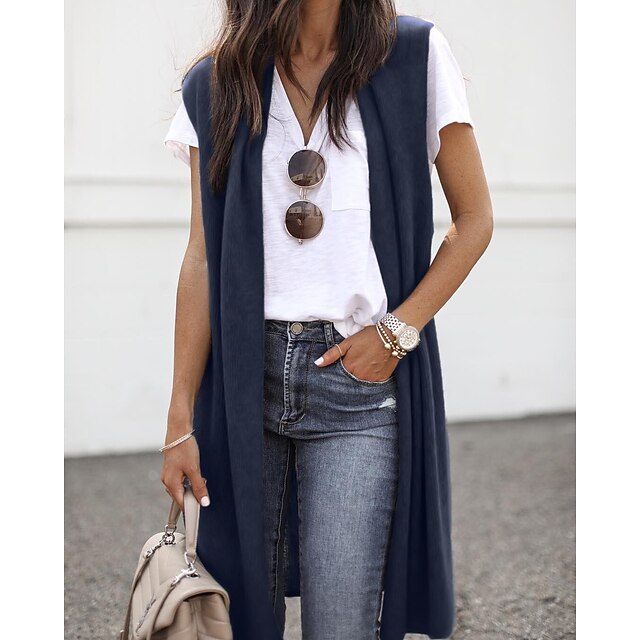 Women's Cardigan Knitted Solid Color Basic Casual Sleeveless Regular Fit  Cardigans Open Front Spring Summer Red Wine Dark Blue Orange / Going out  2023 - US $22.99