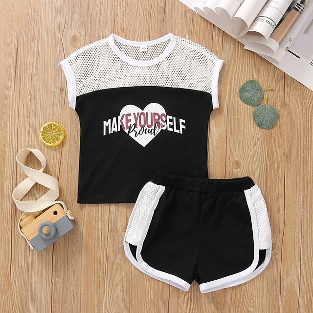 Baby & Kids Girls Clothing | Kids Girls Clothing Set 2 Pieces Sleeveless Black Pink Letter Print Cotton Daily Wear Basic Regular